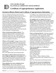 CITY OF DELAWARE PLANNING & COMMUNITY DEVELOPMENT Certificate of Appropriateness Application Downtown Historic District and Certificate of Appropriateness Information The City of Delaware Planning and Community