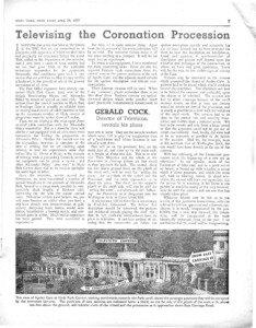 Television in the United Kingdom / Coronation / House of Windsor / Gerald Cock / Professional video camera / Alexandra Palace / Westminster Abbey / BBC / Hyde Park /  London / United Kingdom / City of Westminster / London