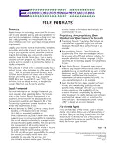 FILE FORMATS Summary Rapid changes in technology mean that file formats can become obsolete quickly and cause problems for your records management strategy. A long-term view and careful planning can overcome this risk an