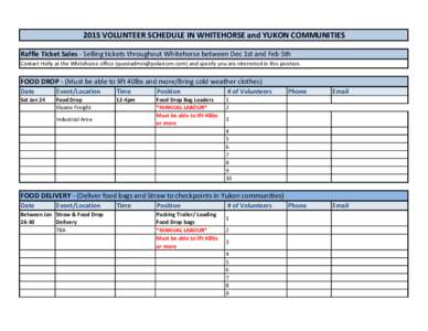 2015 VOLUNTEER SCHEDULE IN WHITEHORSE and YUKON COMMUNITIES Raffle Ticket Sales - Selling tickets throughout Whitehorse between Dec 1st and Feb 5th Contact Holly at the Whitehorse office ([removed]) and spe