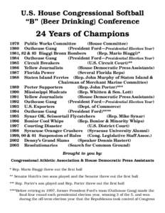 U.S. House Congressional Softball “B” (Beer Drinking) Conference 24 Years of Champions 1979 Public Works Committee (House Committee)