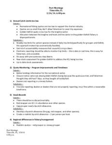 Port Meetings Titusville, FL[removed], 6:00 p.m. 1) Annual Catch Limits too low Issues— • Recreational fishing quotas are too low to support the charter industry.