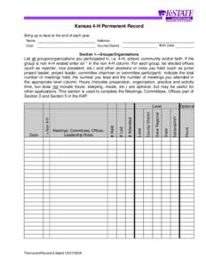 Kansas 4-H Permanent Record Bring up to date at the end of each year. Name Club  Address