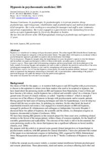 Hypnosis in psychosomatic medicine; IBS Susanna Carolusson, M.Sc. lic psychol., lic psychother. Pl 307, SEBRÄNNÖ, Sweden Phone: +Fax: +e-mail: 