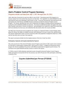 Utah’s Predator Control Program Summary for July 1, 2013 through June 30, 2014