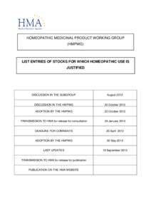 HOMEOPATHIC MEDICINAL PRODUCT WORKING GROUP (HMPWG) LIST ENTRIES OF STOCKS FOR WHICH HOMEOPATHIC USE IS JUSTIFIED