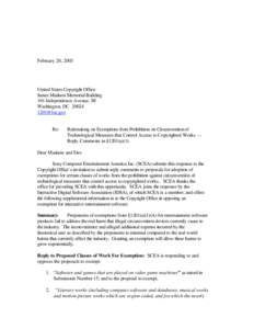 February 20, 2003  United States Copyright Office James Madison Memorial Building 101 Independence Avenue, SE Washington, DC 20024