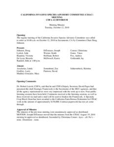 CALIFORNIA INVASIVE SPECIES ADVISORY COMMITTEE (CISAC) MEETING CDFA AUDITORIUM Meeting Minutes Tuesday, October 12, 2010