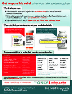 Get responsible relief when you take acetaminophen Why it’s important •	 Acetaminophen is an active ingredient in more than 600 over-the-counter and prescription medicines. •	 When taken as directed, acetaminophen 