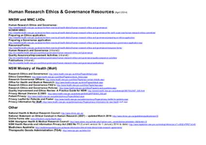 Human Research Ethics & Governance Resources (April[removed]NNSW and MNC LHDs Human Research Ethics and Governance: http://nnswlhd.health.nsw.gov.au/about/northern-nsw-local-health-district/human-research-ethics-and-govern