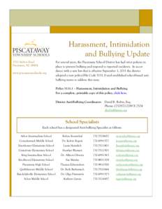 Harassment, Intimidation and Bullying Update 1515 Stelton Road Piscataway, NJ[removed]www.piscatawayschools.org