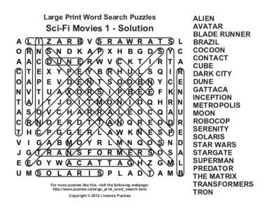 Large Print Word Search Puzzles  Sci-Fi Movies 1 - Solution A O A