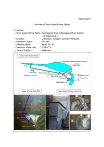 ＜Attachment＞ Overview of Torao Hydro Power Station 1. Overview ○ River System/River Name Kannagawa River in Tonegawa River System (1st Class River) ○ Location