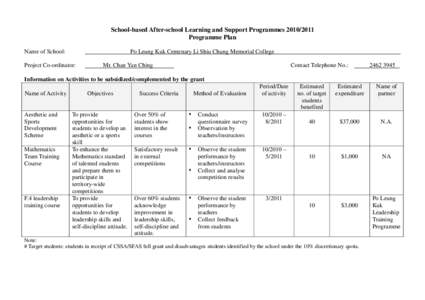 School-based After-school Learning and Support Programmes[removed]Programme Plan Name of School: Po Leung Kuk Centenary Li Shiu Chung Memorial College