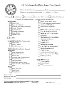 Full Circle Campus Food Pantry Request Form (Espanol) Número de identificación:_______________ Fecha: _______________________ Número en su casa que necesita comida: _____ Adultos _____Niños Yo tengo: __ Estufa (stove