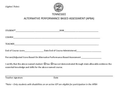 Algebra I Rubric   TENNESSEE  ALTERNATIVE PERFORMANCE BASED ASSESSMENT (APBA)   STUDENT*_____________________________________DOB_____________________________ 