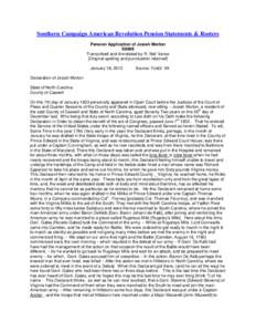 Southern Campaign American Revolution Pension Statements & Rosters Pension Application of Josiah Morton S8898 Transcribed and Annotated by R. Neil Vance [Original spelling and punctuation retained] January 18, 2012