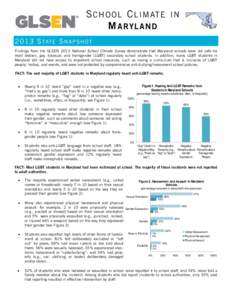 S C H O O L C L I M AT E I N M A RY L A N D[removed]S TAT E S N A P S H O T Findings from the GLSEN 2013 National School Climate Survey demonstrate that Maryland schools were not safe for most lesbian, gay, bisexual, and