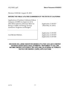 ALJ/KK2/gd2  Date of Issuance[removed]Decision[removed]August 23, 2012 BEFORE THE PUBLIC UTILITIES COMMISSION OF THE STATE OF CALIFORNIA