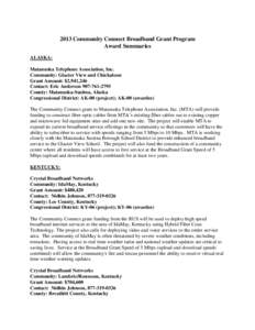 2013 Community Connect Broadband Grant Program Award Summaries ALASKA: Matanuska Telephone Association, Inc. Community: Glacier View and Chickaloon Grant Amount: $2,941,246