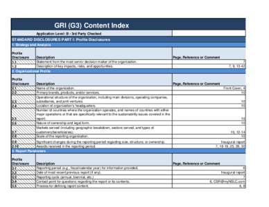 GRI (G3) Content Index Application Level: B - 3rd Party Checked STANDARD DISCLOSURES PART I: Profile Disclosures 1. Strategy and Analysis Profile