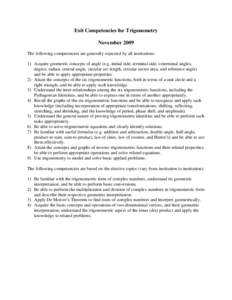 Exit Competencies for Trigonometry November 2009 The following competencies are generally expected by all institutions: 1) Acquire geometric concepts of angle (e.g. initial side, terminal side, coterminal angles, degree,