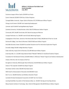 William G. McGowan Charitable Fund Grants Awarded July, 2013 Assistance League of Reno-Sparks $20,000 Food Pantry Aurora University $50,000 STEM Out-of-School Programs Carnegie Mellon University, Tepper School of Busines