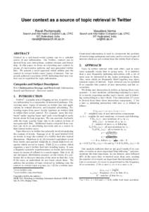 User context as a source of topic retrieval in Twitter Ravali Pochampally Vasudeva Varma  Search and Information Extraction Lab, LTRC