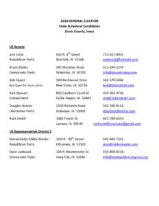 2014 GENERAL ELECTION State & Federal Candidates Davis County, Iowa US Senate Joni Ernst