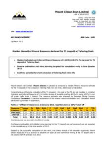 Mount Gibson Iron Limited ABNLevel 1, 2 Kings Park Road West Perth 6005, Western Australia PO Box 55, West Perth WA 6872 Telephone: 
