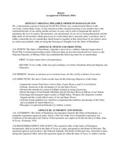 Bylaws (as approved 4 FebruaryARTICLE I. ORIGINAL PREAMBLE ORDER OF DAEDALIANS 1934 We, a representative group of American World War I Pilots, now commissioned officers in the Air Corps, United States Army, in ful