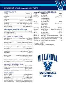 SWIMMING & DIVING | [removed]QUICK FACTS ABOUT VILLANOVA Location........................................................ Villanova, Pa. Founded......................................................................1842 En