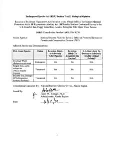 Endangered Species Act (ESA) Section 7(a)(2) Biological Opinion Issuance of Incidental Harassment Authorization under 101(a)(5)(D) of the Marine Mammal Protection Act to BP Exploration (Alaska), Inc. (BPXA) for Shallow G