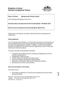 Brighton & Hove School Complaints Policy Name of School:  Moulsecoomb Primary School