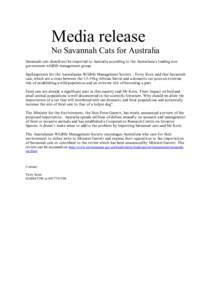 No Savannah Cats for Australia media release