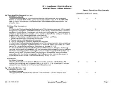 2014 Legislature - Operating Budget Wordage Report - House Structure Agency: Department of Administration 15GovAmd+ House Sub Ap: Centralized Administrative Services Conditional Language