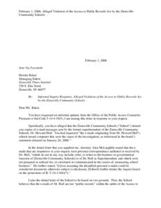 February 1, 2006; Alleged Violation of the Access to Public Records Act by the Zionsville Community Schools February 1, 2006 Sent Via Facsimile Brooke Baker