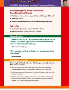 APPROACH 4 Adopt Marketing Techniques To Promote Healthful Choices  Dairy Vending Pilot, Swiss Valley Farms, Quad Cities (Iowa/Illinois)  • 17 middle and high schools, average enrollment = 1,090, range = 462 to 2,344