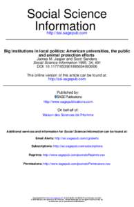 Social Science Information http://ssi.sagepub.com Big institutions in local politics: American universities, the public and animal protection efforts