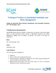 Course Announcement: SSWM Training-of-Trainers, SCaN  Training of Trainers in Sustainable Sanitation and Water Management Linking up Integrated Water Resource Management and Sustainable Sanitation 22nd- 26th November, 20