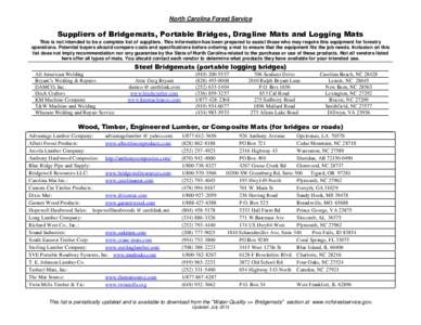 North Carolina Forest Service  Suppliers of Bridgemats, Portable Bridges, Dragline Mats and Logging Mats This is not intended to be a complete list of suppliers. This information has been prepared to assist those who may