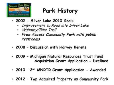 Park History • Silver Lake 2010 Goals • Improvement to Road into Silver Lake • Walkway/Bike Trail • Free Access Community Park with public