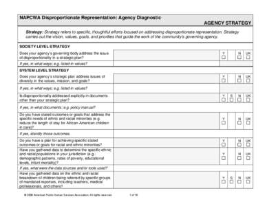 NAPCWA Disproportionate Representation: Agency Diagnostic AGENCY STRATEGY Strategy: Strategy refers to specific, thoughtful efforts focused on addressing disproportionate representation. Strategy carries out the vision, 