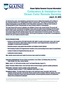 Ocean Optics Summer Course Information  Calibration & Validation for Ocean Color Remote Sensing July[removed], 2015