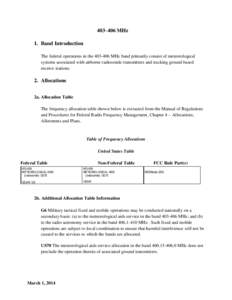 403–406 MHz 1. Band Introduction The federal operations in the[removed]MHz band primarily consist of meteorological systems associated with airborne radiosonde transmitters and tracking ground based receive stations.