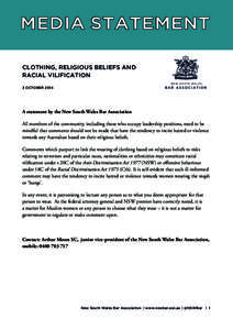 MEDIA STATEMENT CLOTHING, RELIGIOUS BELIEFS AND RACIAL VILIFICATION 3 OCTOBER[removed]A statement by the New South Wales Bar Association