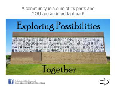 A community is a sum of its parts and YOU are an important part! Be Included & Get Connected facebook.com/DelburneStoneSoup
