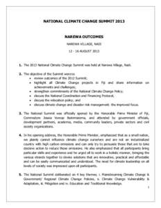 NATIONAL CLIMATE CHANGE SUMMIT[removed]NAREWA OUTCOMES NAREWA VILLAGE, NADI[removed]AUGUST 2013