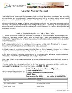 Page 1  Location Number Request The United States Department of Agriculture (USDA), and State agencies in cooperation with producers are developing an Animal Disease Traceability Framework that will enhance existing anim