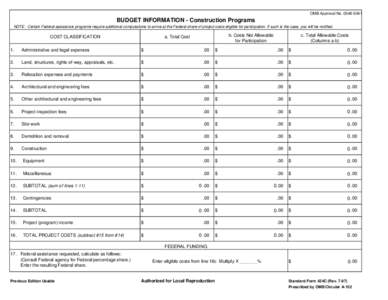 OMB Approval No[removed]BUDGET INFORMATION - Construction Programs NOTE: Certain Federal assistance programs require additional computations to arrive at the Federal share of project costs eligible for participation.